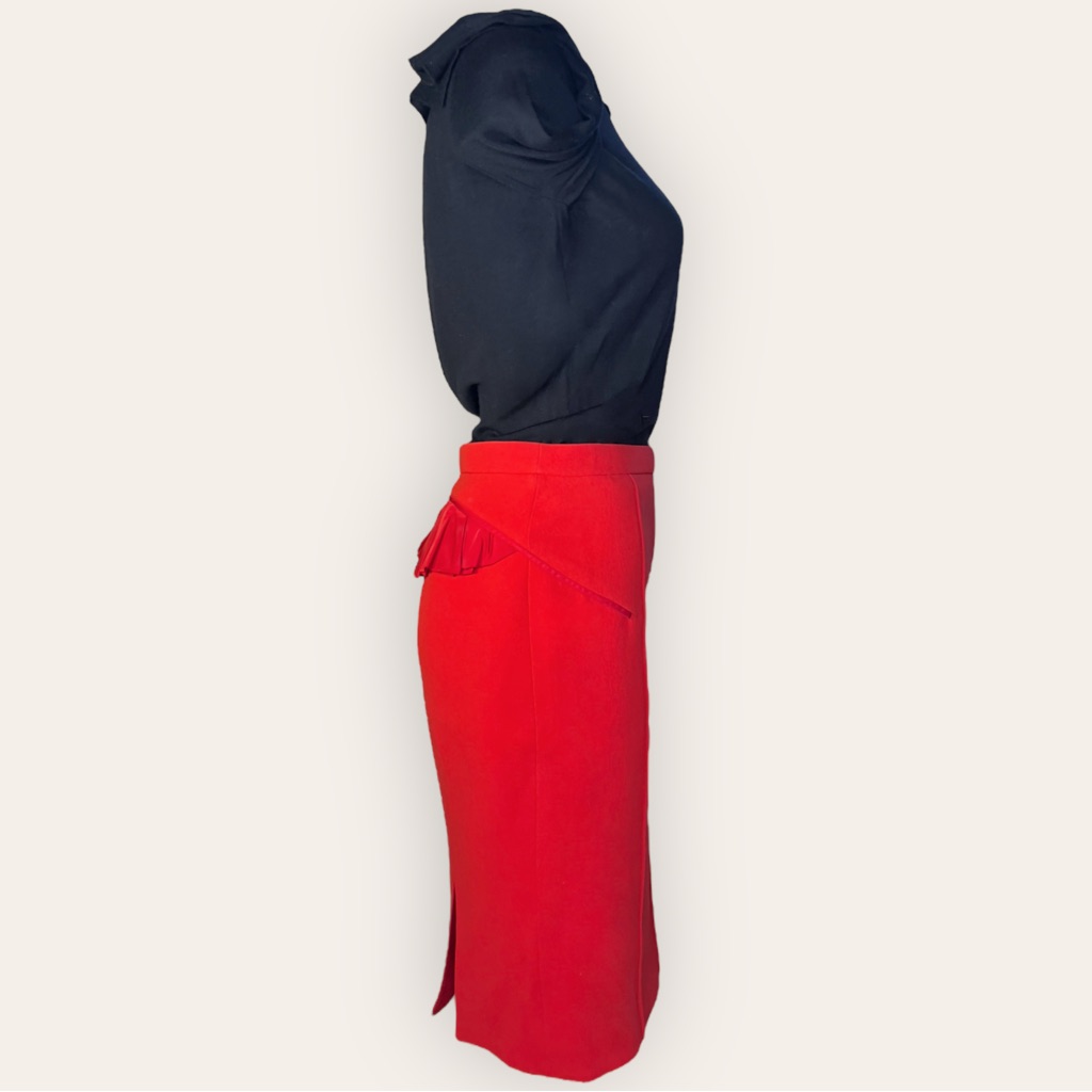 Louis Vuitton Red Pencil Knee Length Skirt W/ Flounce In Back Size 38 Authentic
